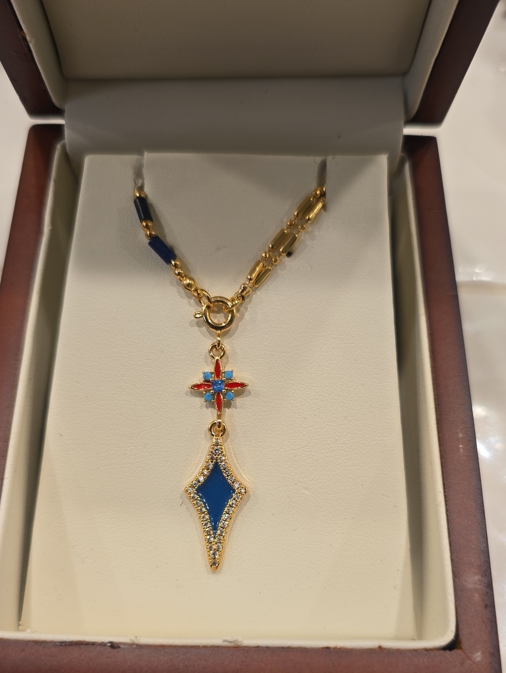 Gold Blue Enamel Pendant Necklace with Red & Turquoise Accents